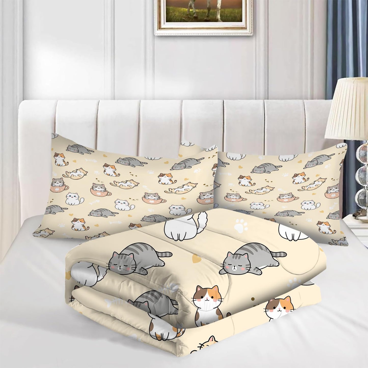 EDGZKO Cat Comforter Set Full Size Cartoon Cat Pattern Princess Bedding Set Soft Toddler Quilt Duvet Set Full Bed Set for Girls Kids Teens Adults Nursery 1 Comforter 2 Pillowcases