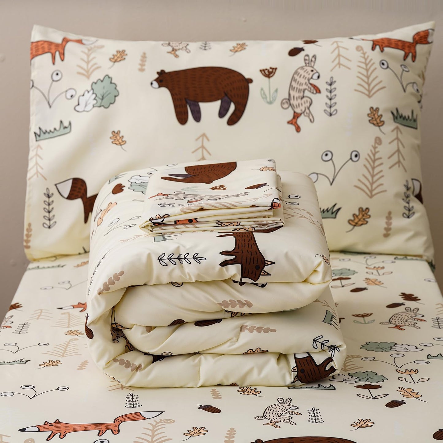 KAREVER Cartoon Toddler Bedding Set Bear Fox 4 Pieces Crib Bed Set Kids Cream Yellow Animal Print Comforter Set