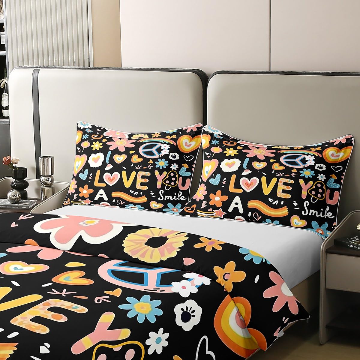 100% Cotton Groovy Flower Comforter Cover Twin for Kids,Cartoon Rainbow Stars Daisy Peace Sign Bedding Set Cute Room Decor for Teen Girls,Hippie Aesthetic Funny Duvet Cover Y2K Decor Bedspread Cover