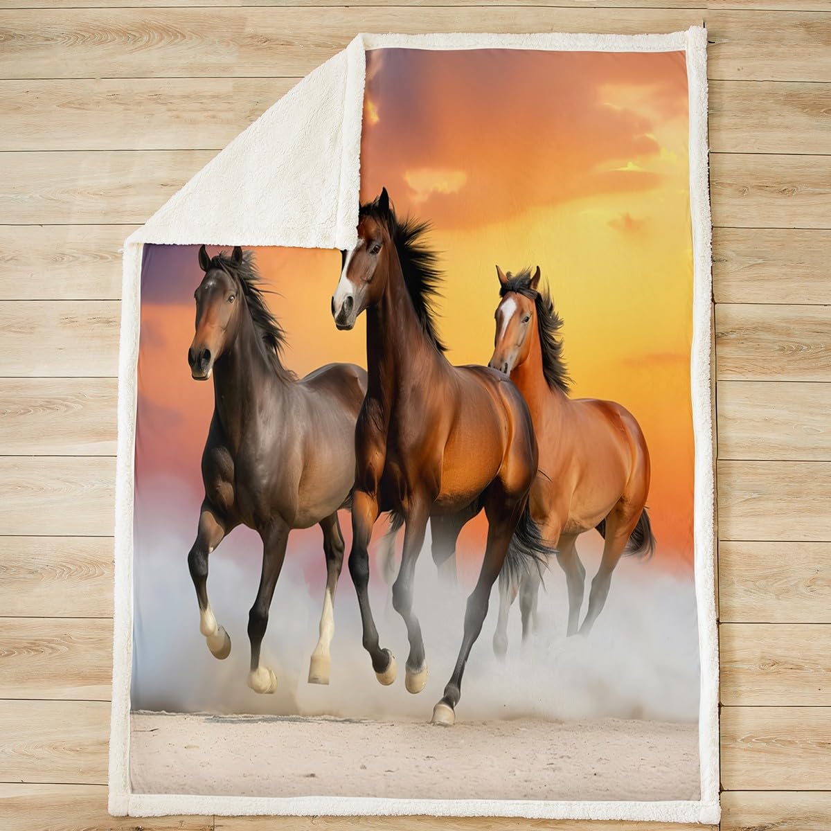 Horses Fleece Throw Blanket for Sofa Couch Bed - Galloping Horse Printed Warm Plush 3D Wild Animal Pattern Sherpa - Wildlife Style Decor Fuzzy Throw 50"x60"