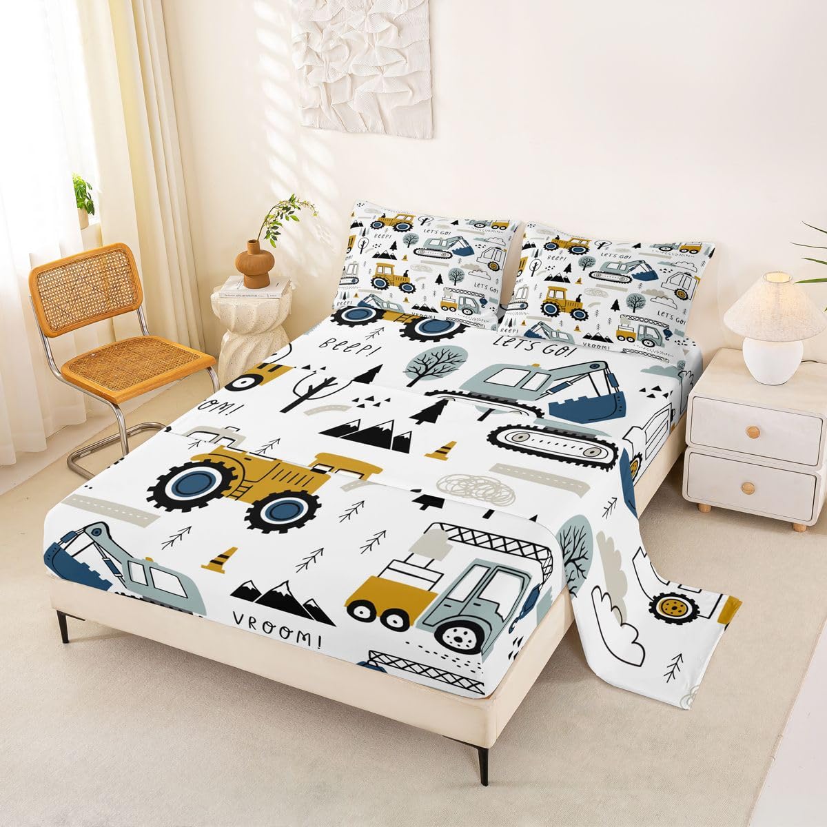 Cartoon Car Kids Sheet Set Construction Bed Sheets Set Decor Equipment Trucks Sheets with Deep Pocket Fitted Sheet Cartoon Car Excavator Tractor White Yellow Bedding Set Bedroom Quilt Cover 4Pcs Full