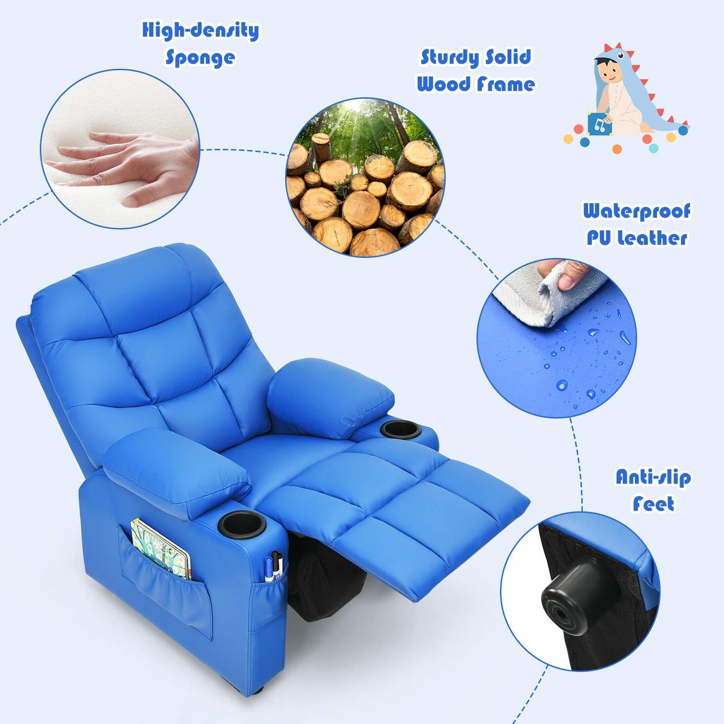 Costzon Kids Recliner Chair with Cup Holder, Adjustable Leather Lounge Chair w/Footrest & Side Pockets for Children Boys Girls Room, Ergonomic Toddler Furniture Sofa, Kids Recliner (Blue)