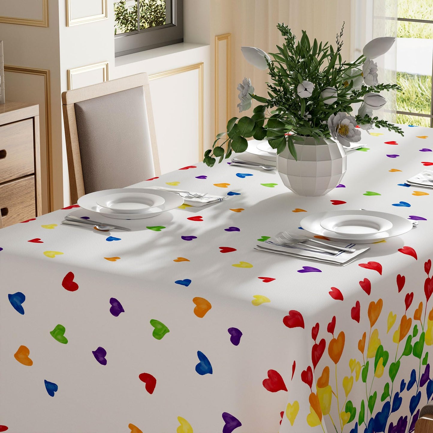 XCHI Rainbow Love Heart LGBTQ Tablecloth Rectangle Pride Day Inclusion Gay Transgender Queer Equality for Indoor Outdoor Dining Home Party Decorations 60x84 Inch