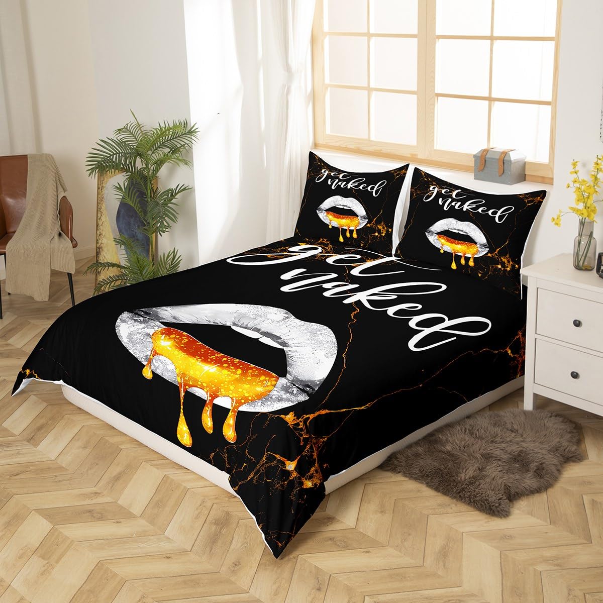King Size Luxury Black Gold Marble Duvet Cover Boys Girls Sexy Lips Bedding Set For Kids Women Men Get Naked Ultra Soft Comforter Cover Set Funny Quotes Bed Set Modern Bedclothes (No Comforter)
