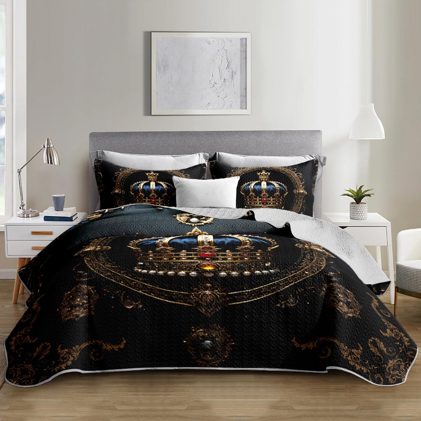 XYNHML Golden Crown Printed Quilt Bedding Full 3Pcs Diamond King Crown Bed Set Retro Mystic Flower Pattern Lightweight Soft Bedspread Coverlet with 2 Pillowcases for Kid Boy Girl Teen Adult Bed Decor