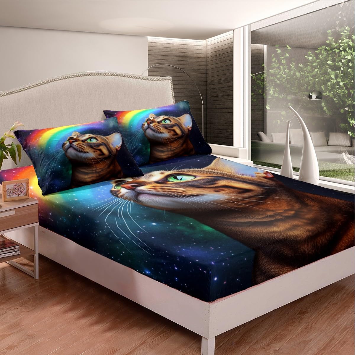 Erosebridal Galaxy Cat Fitted Sheet Twin Size, Rainbow Cat Bedding Set for Kids Children Girls Boys, Animal Themed Bed Cover, Fashion Starry Sky Decoration 2 Pcs Bedding Decor Set with 1 Pillowcase