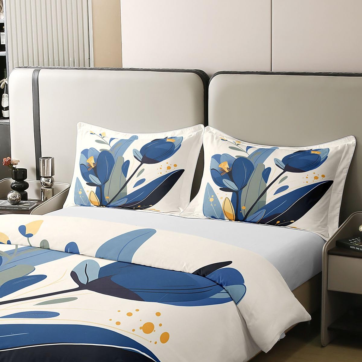 Erosebridal Blue Floral 100% Cotton Duvet Cover Full Blue Beige Bedding Set for Kids Girls Boys Adults Modern Minimalist Comforter Cover Flower Branches Pastoral Bedclothes 3 Pcs