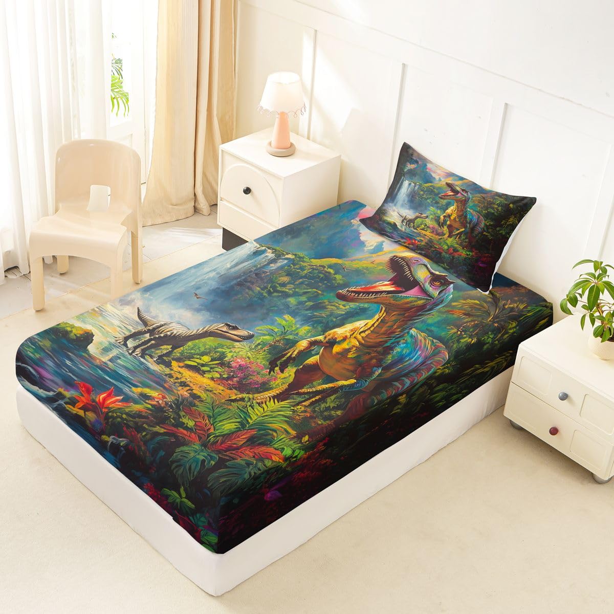 Feelyou Dinosaur Bed Sheets Set Twin Size 3D Digital Print Bed Set for Kids Boys Girls Jungle Dino Deep Pocket Fitted Sheet Wild Animal Breathable Soft Lightweight Microfiber Green Blue