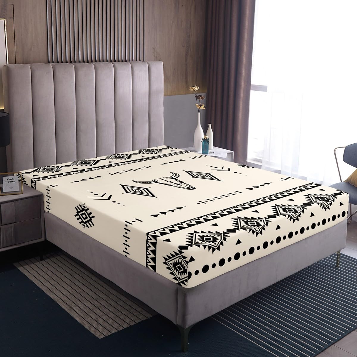 Erosebridal Full Size Western Cowboy Flat Fitted Sheet, Bull Skull Bed Sheets Set for Boys Girls Men Room Decor, Boho Aztec Ethnic Horns Bedding Set, Southwestern Native Bed Sets