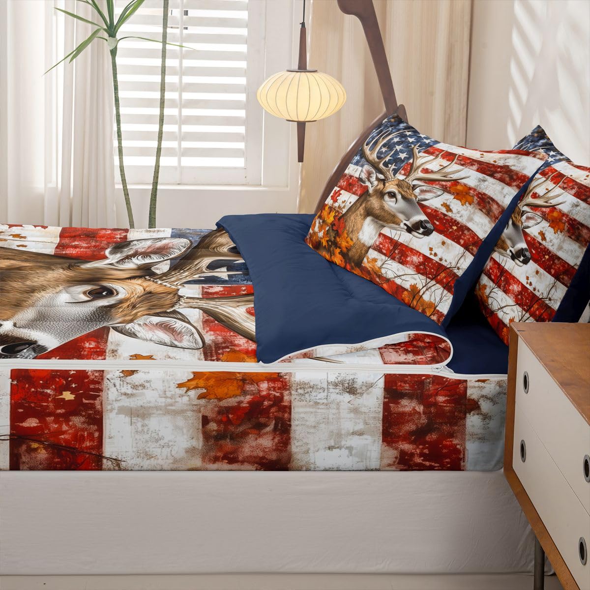 Feelyou Cute Deer Zipper Bedding Twin American Flag Zipper Bedding Sets for Kids Boys Girls Antlers Comforter Set with Fitted Sheet and 2 Pillowcases Bedroom Decor