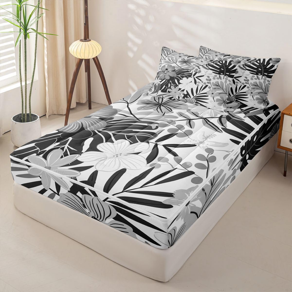 Feelyou Cute Grey Flower Zipper Bedding Sets for Kids Boys Girls Botanical Leaves Floral Queen Comforter Set with Fitted Sheet Aesthetic Flower Bedroom Decor Microfiber with 2 Pillow Cases