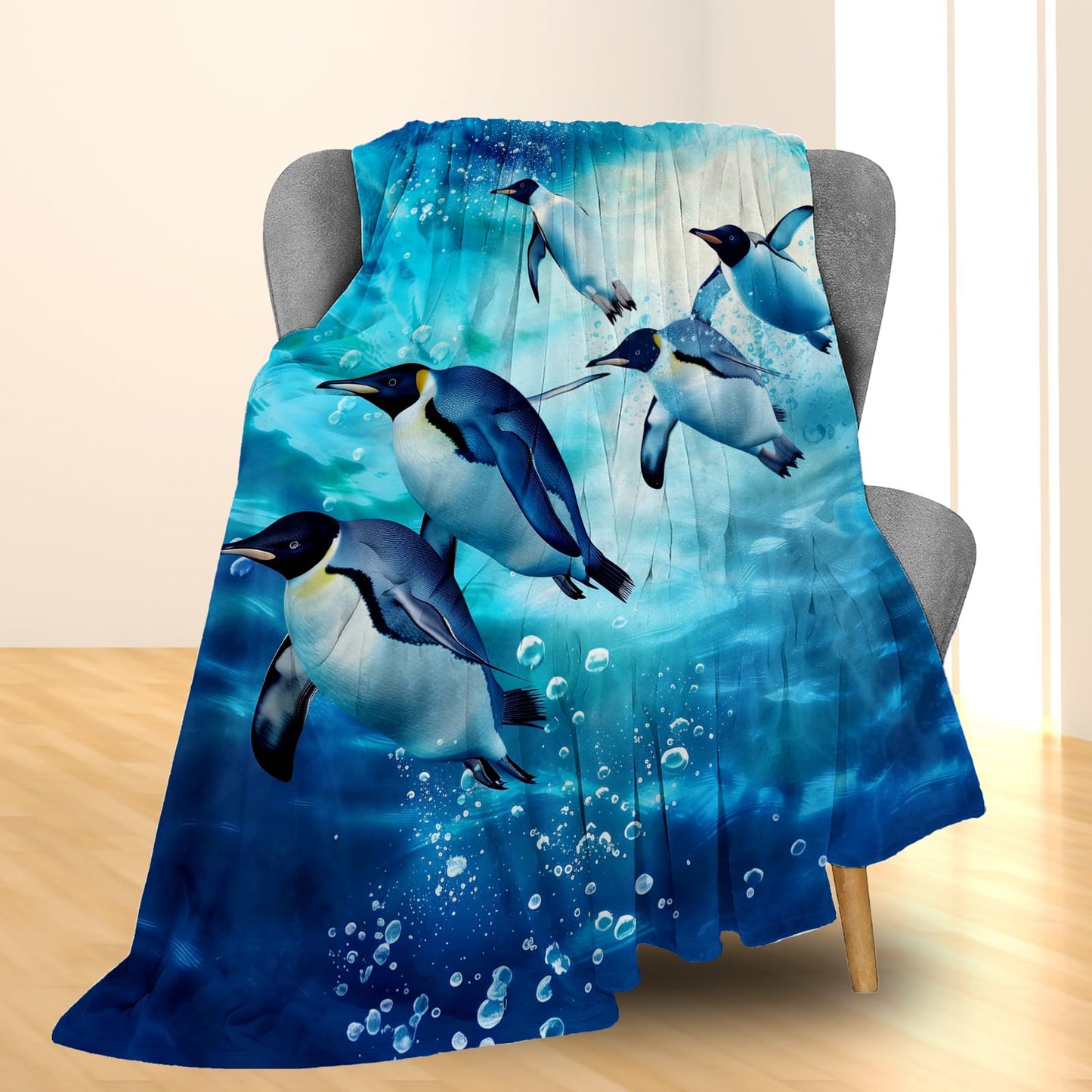 Ti Caldi Penguin Dive Blanket - Soft, Cozy, Lightweight, and Fuzzy Flannel Throw - Ideal for Couch, Bed, Travel, and Outdoor Activities - Fluffy Home Decor with Enchanting Underwater Design 60"x50"