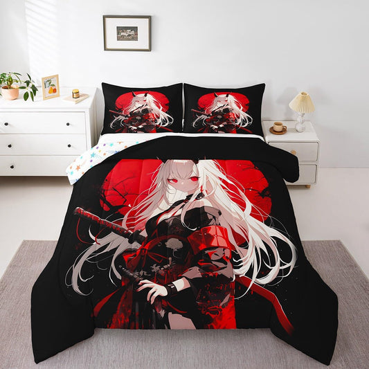 Erosebridal Full Japanese Anime Bedding Set for Kids, Anime Girl Comforter Set Kawaii Japanese Style Duvet Insert Cartoon Japan Animation Quilt for Boys Teens Adult Women Bedroom, Red Black
