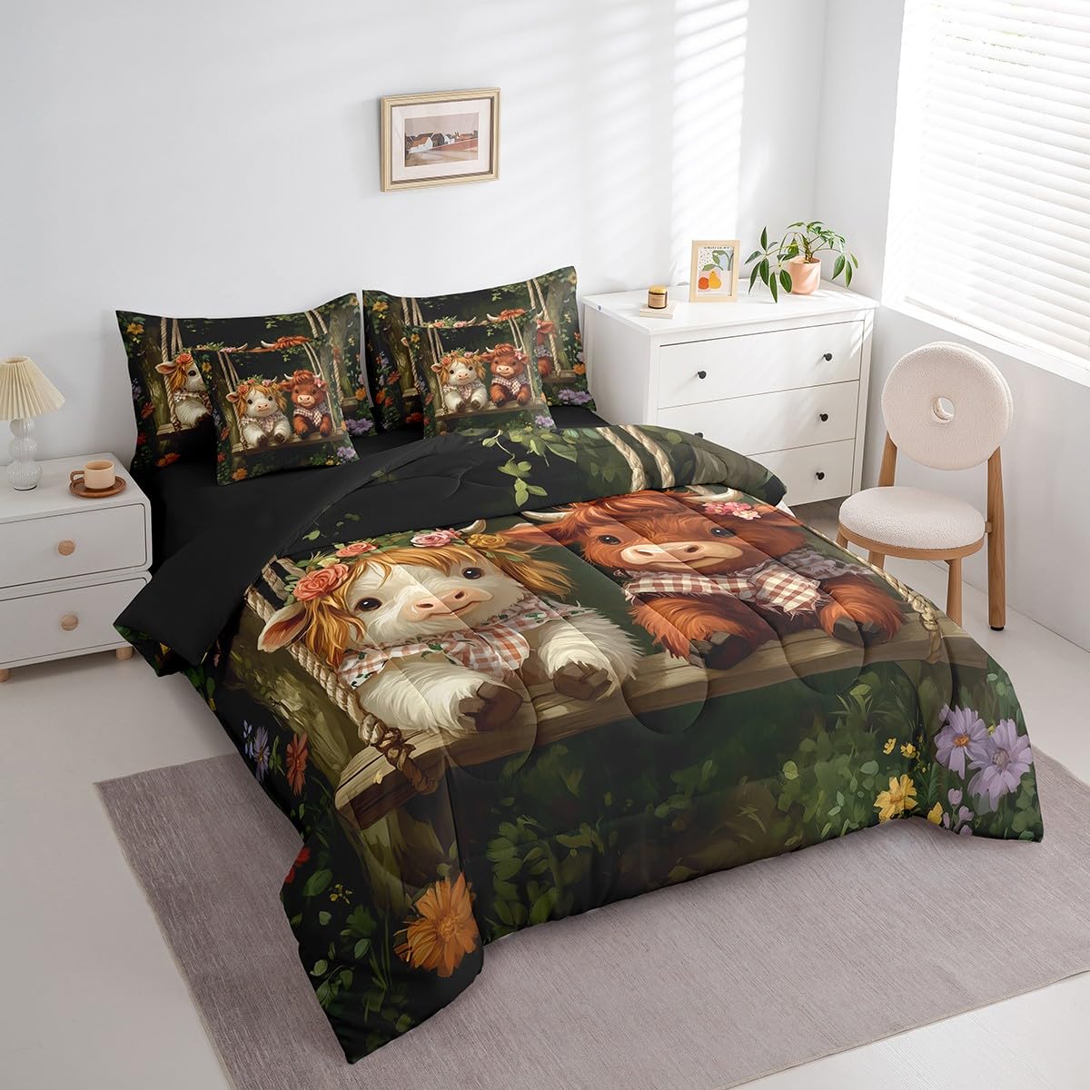 Erosebridal Highland Cow 7 Pieces Bedding Set Western Cow King Comforter Set with Sheets for Boys Girls Kids Room Decor Farmhouse Animal Bed in a Bag Flower Bed Set