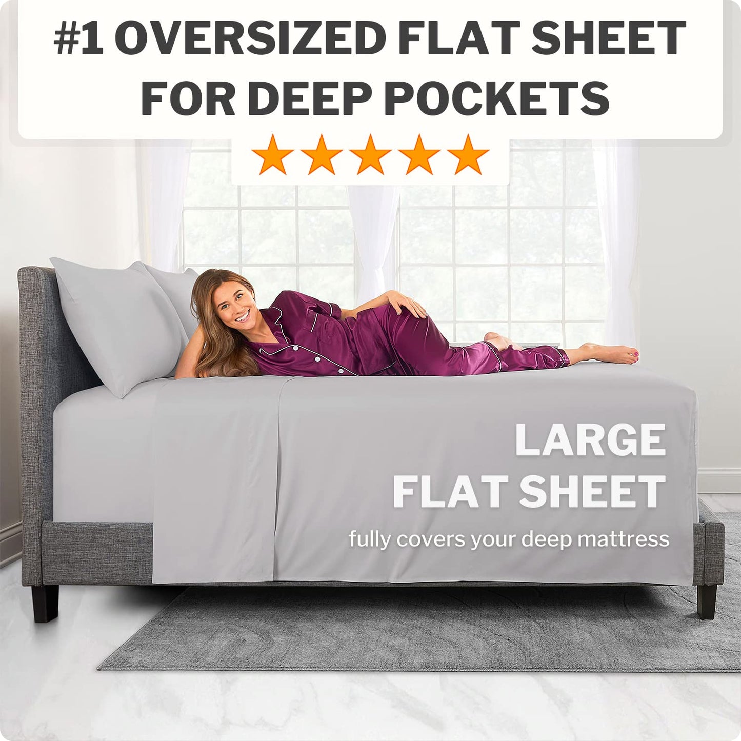 Extra Deep Pocket King Bed-Sheets – 4-Piece Includes: 18”-21” Inch Super Extra Deep Pocket Fitted Sheet – Real Oversize Flat Sheet – 2 Zipper Closure Pillowcases – King Size – Silver Light Gray