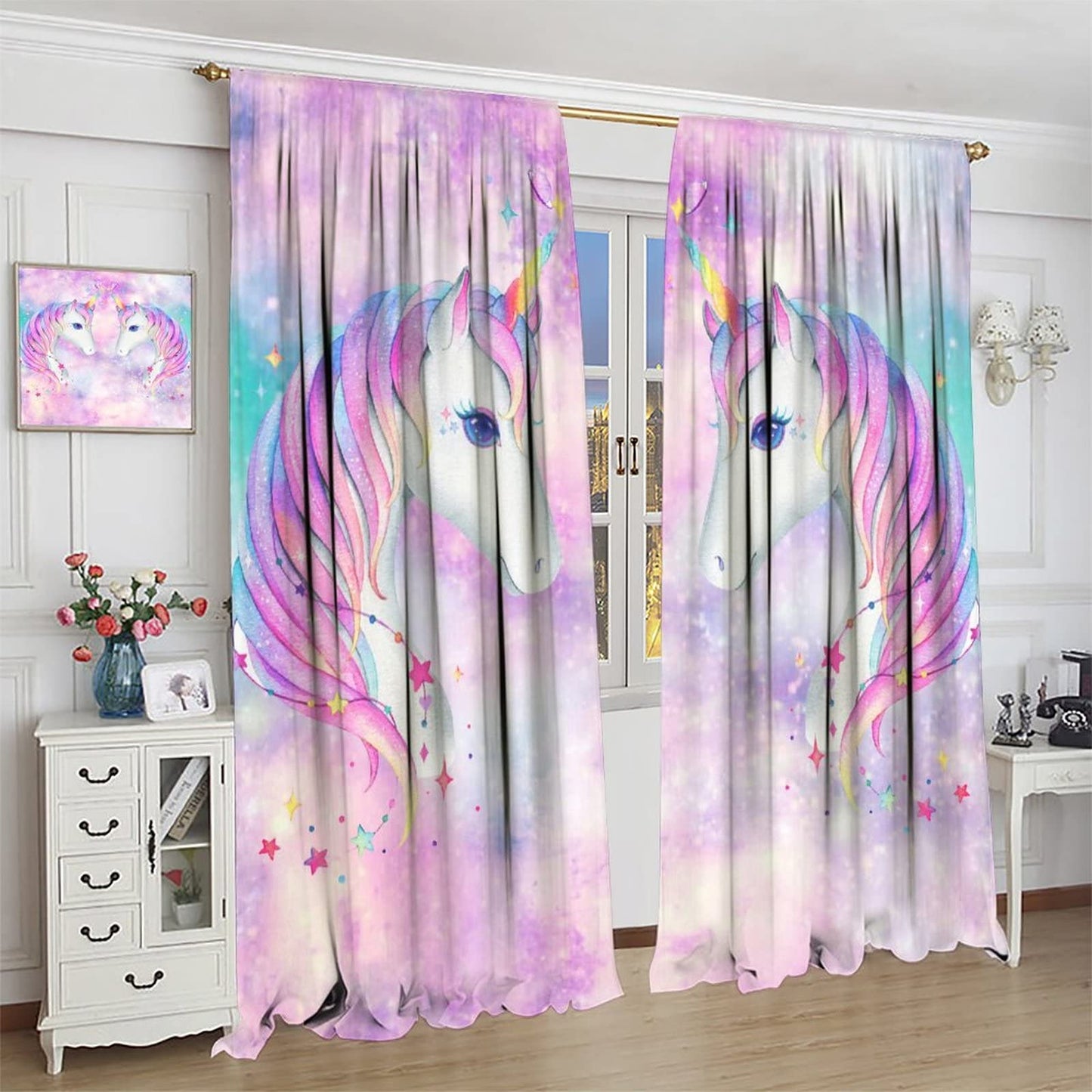 Rainbow Unicorn Bedroom Curtains,Purple Pink Dream Universe Starry Sky Kids Bedroom Living Room Window Treatments Curtains 42x45 Inch