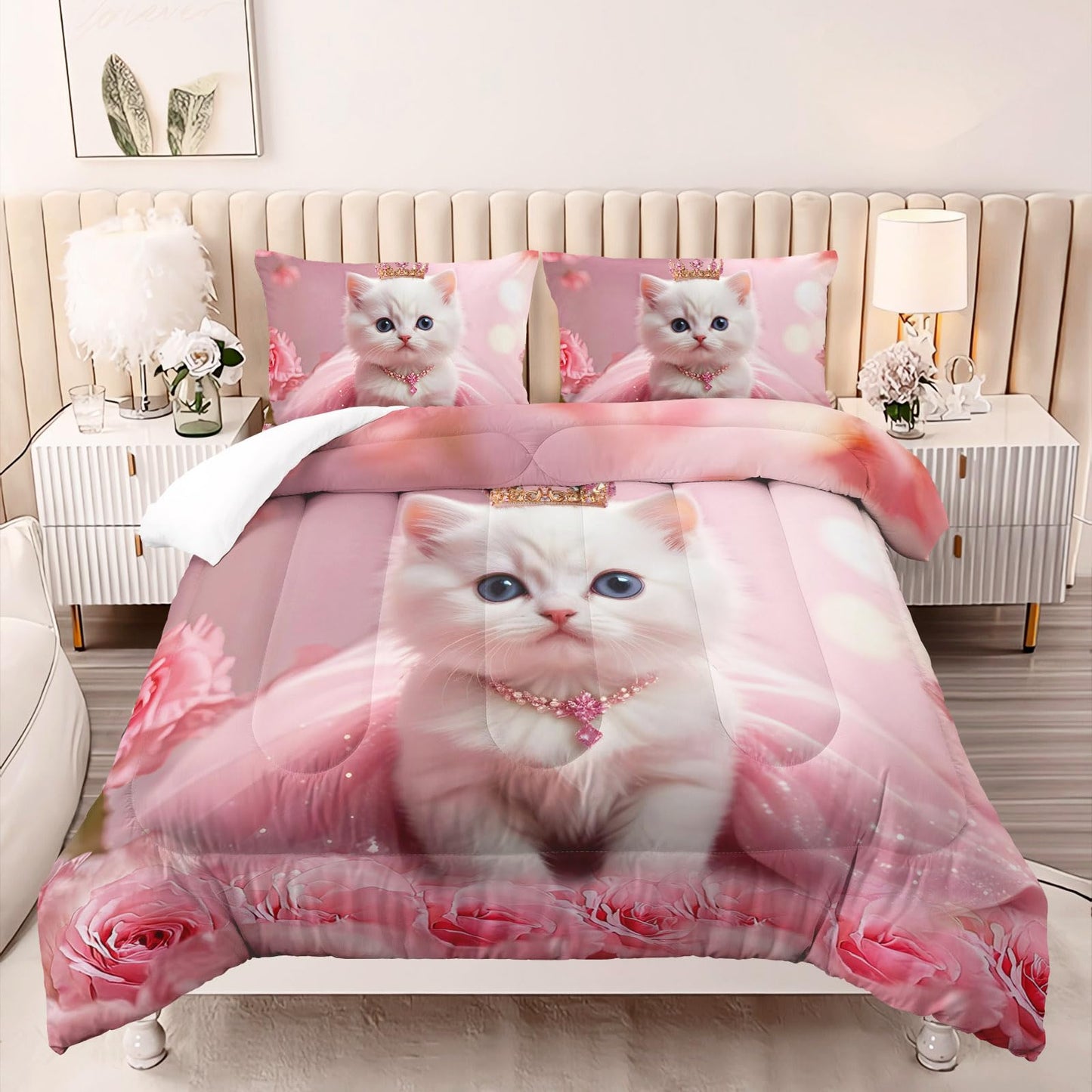 AILONEN 3D White Cat Comforter Set for Kids,Girls Twin Size,Cute Crown Kitten Bedding Set for Bedroom Decor,3-Piece,1 Quilt + 2 Pillowcases,Soft Microfiber