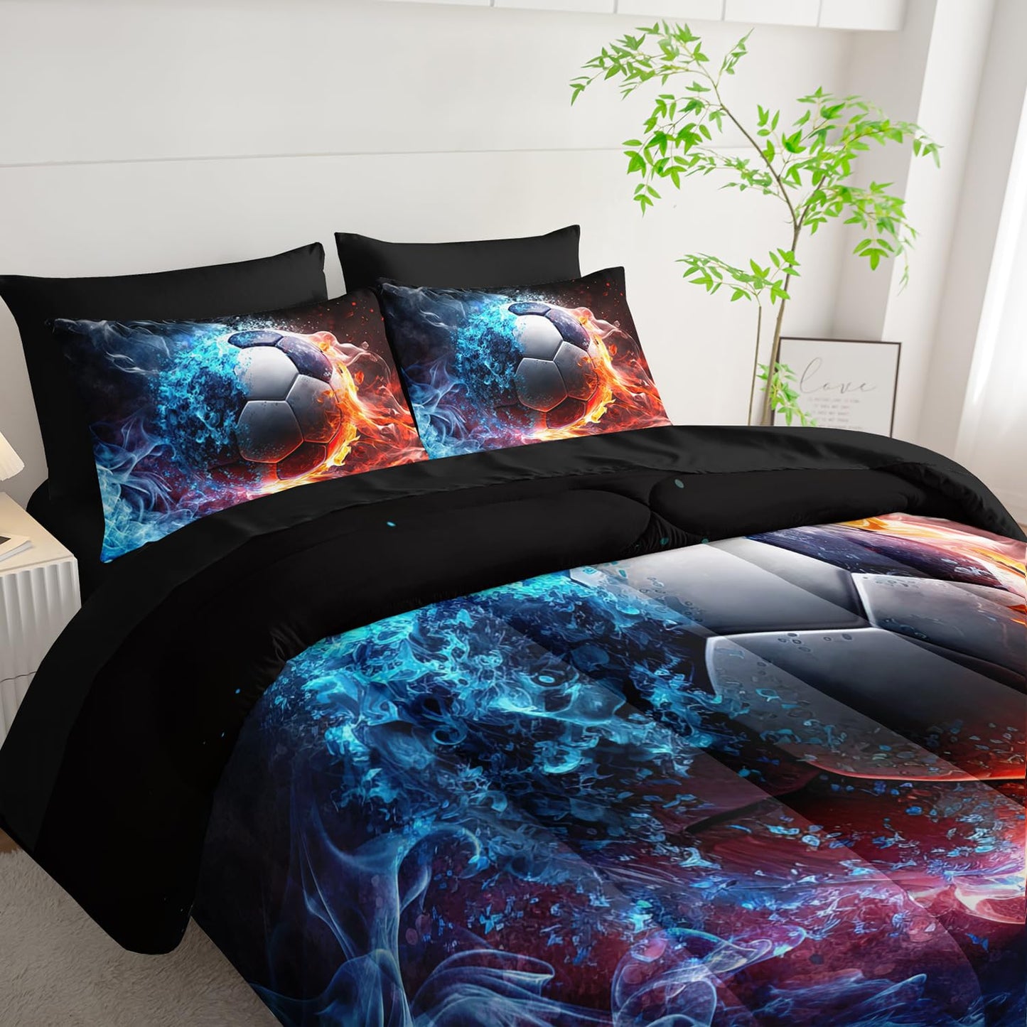 XYNHML Soccer Print Comforter 7Pcs Gaming Sport Soccer Bedding Set for Kid Teen Girl Boy Adult Ball Sports Games Ice Fire Football Quilt Bed Set Twin with 2 Sheets,2 Pillowcases,2 Throw Pillow Covers