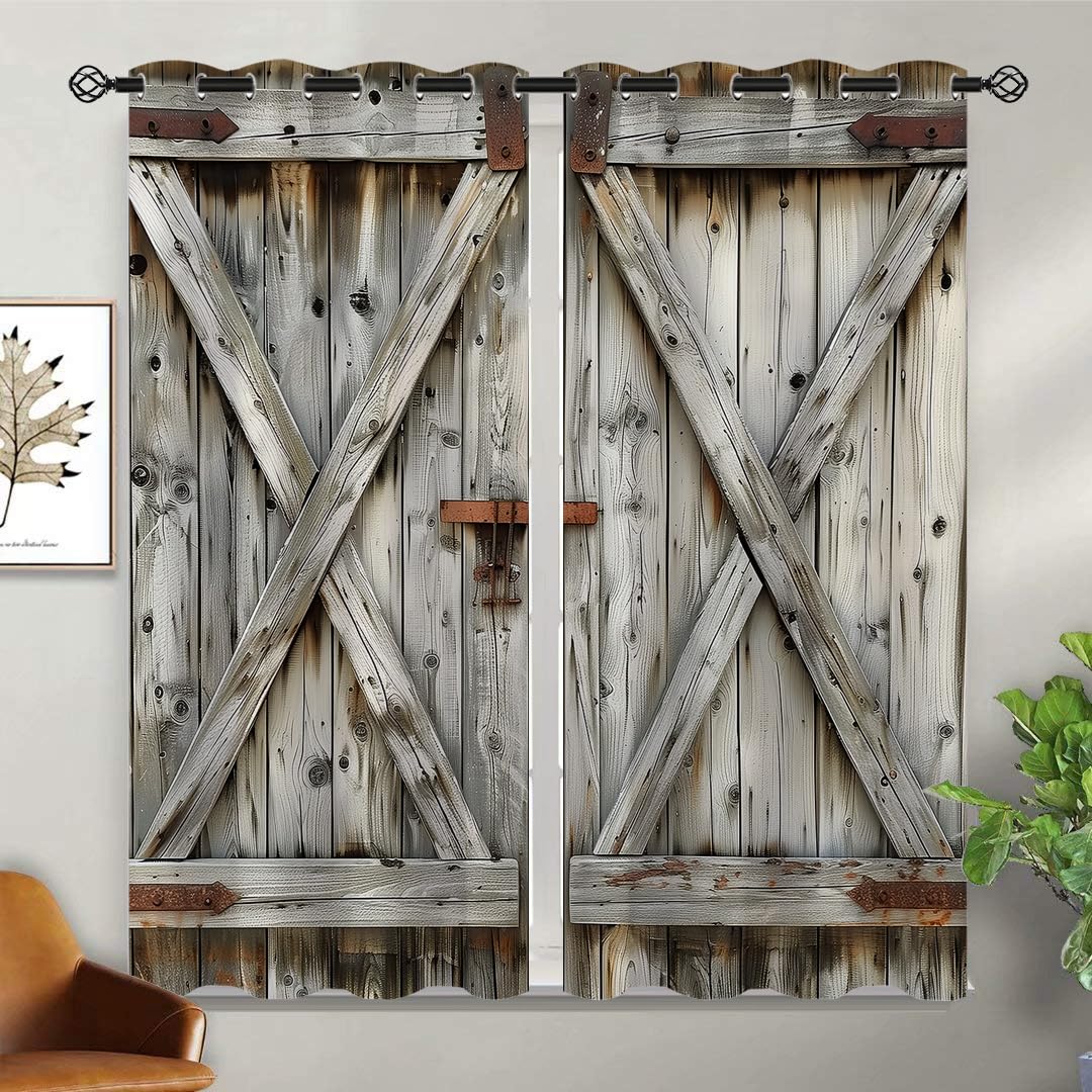 18TH CROZY Wood Door Blackout Curtains for Girls Boy Home Decor, Barn Farmhouse Rural Wooden Art Grommet Thermal Insulated Drapes Darkening Window Curtain for Bedroom Living Room, 42 x 45 Inch