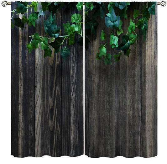 Rustic Barn Door Curtain, Nature Wooden Door Leaves Spring Farmhouse Pattern Print Decor Rod Pocket Window Treatments, for Living Room Bedroom Kitchen 42" W X 45" L