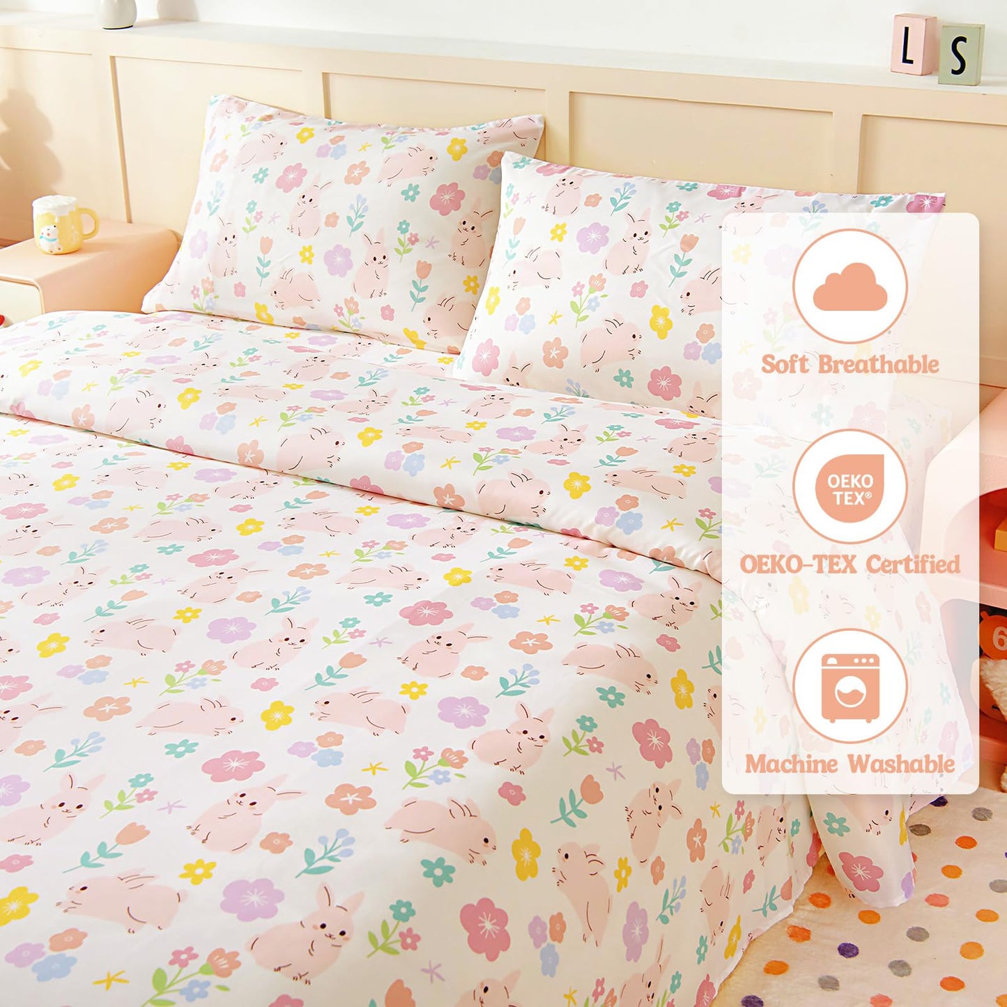 MCO Kids Full Size Bed Sheets, Soft Microfiber Full Size Sheets for Boy Girls, 4 Pieces Breathable Full Bed Sheet Rabbit