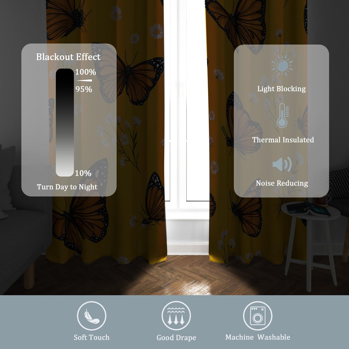 Butterfly Curtains Blackout, 39 Inch - Butterflies Yellow Window Drapes for Home Decor, Kitchen, Bedroom, Butterfly Room Decor, Grommet & Thermal Insulated, 2 Panels AC1122