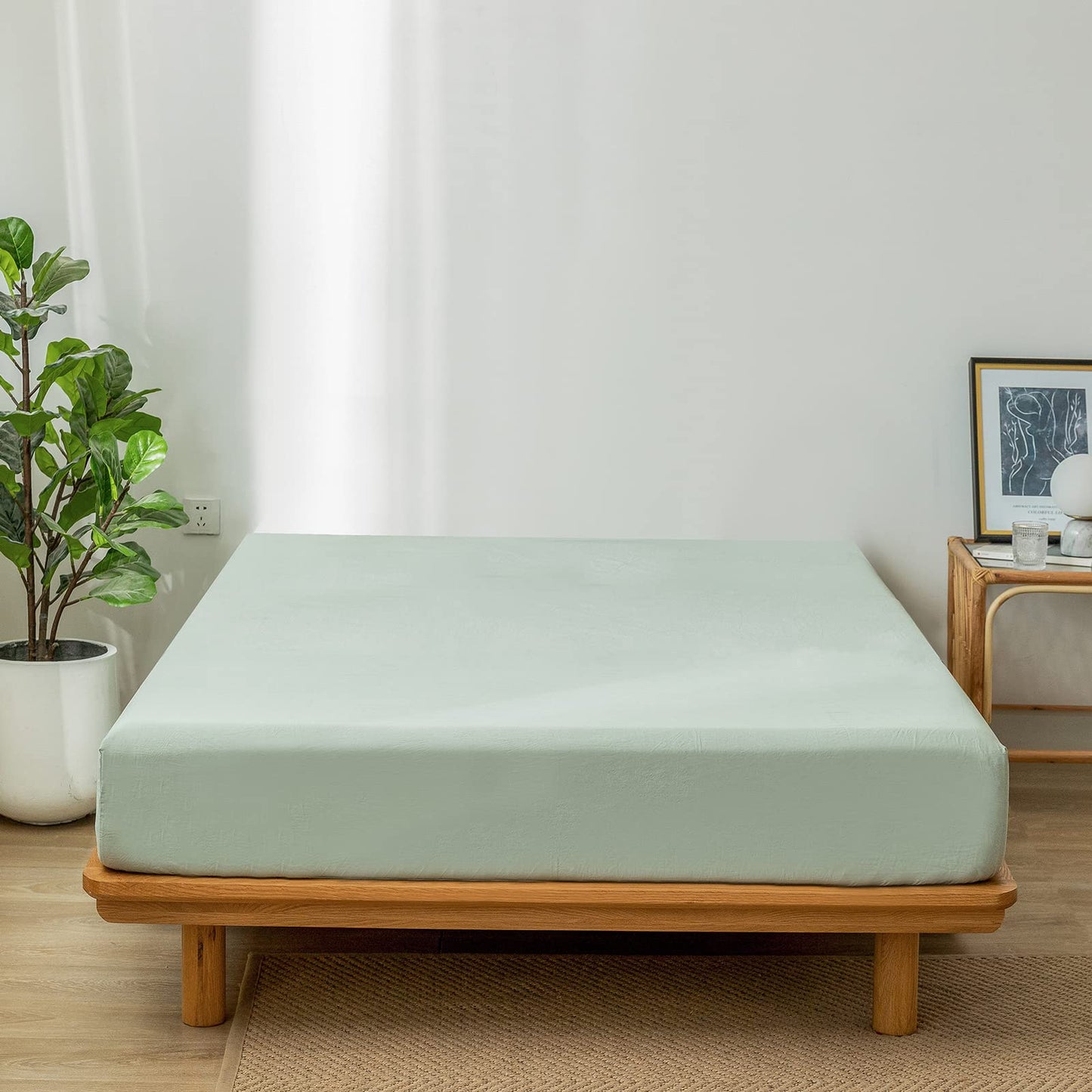 MooMee Fitted Bottom Sheet Only 100% Washed Cotton Linen Like Textured Breathable Durable Soft Comfy Deep Pocket Fits Mattress up to 17" (Sage Green, Queen)