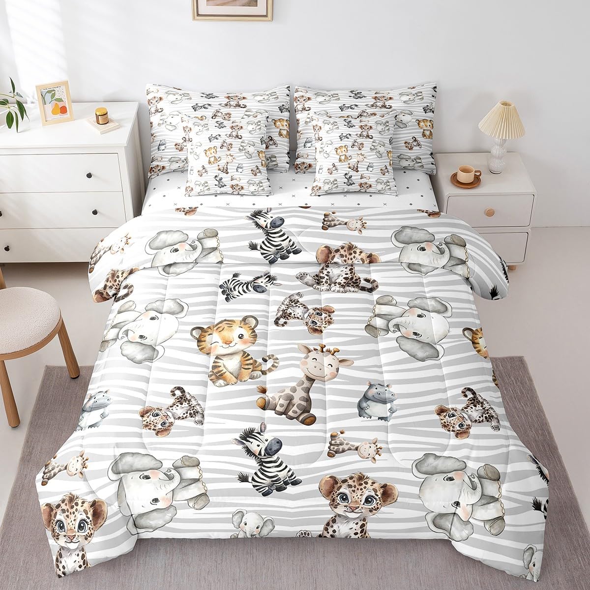 Erosebridal Nursery Safari Kids Twin Size Comforter Set with Sheets - African Jungle Animal 7-Piece Bedding Set for Girls Baby Lion Giraffe Bed in a Bag Zebra Hippo Leopard Wild Animal Bed Quilt Sets