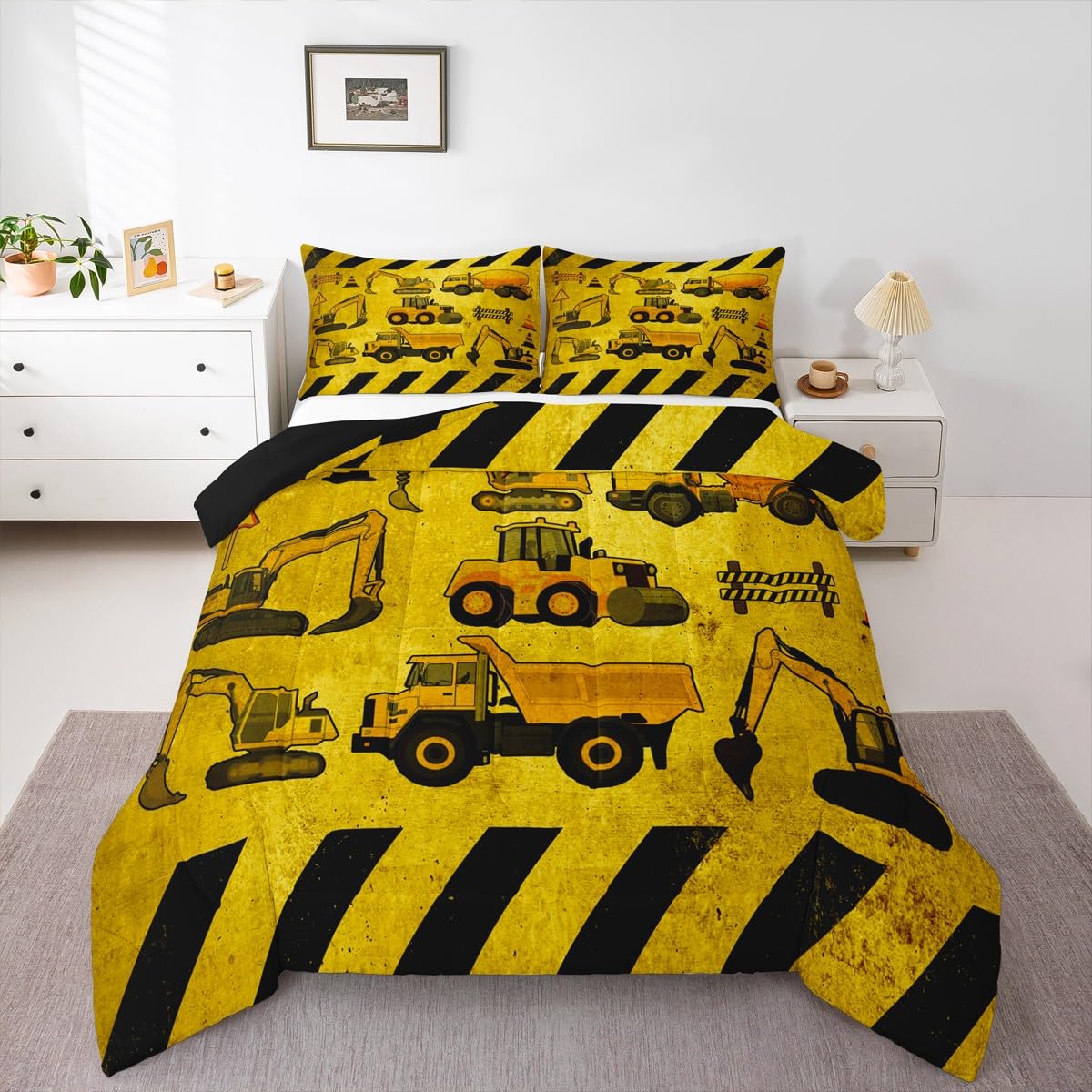 Boys Excavator Bedding Set Queen Size Kids Construction Vehicles Comforter For Kids Children Cartoon Machinery Truck Comforter Set Construction Site Cars Tractor Duvet Set 3Pcs With 2 Pillow Cases