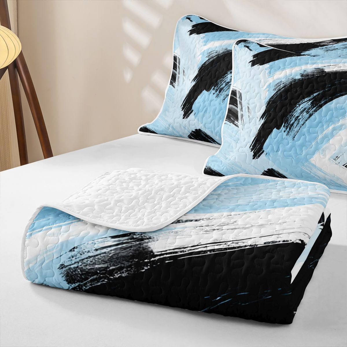 Feelyou Blue Black White Bedding Set Kids Abstract Quilt Sets Queen Size Modern Stripes Bedspread Coverlet for Room Soft Modern with 2 Pillow Case