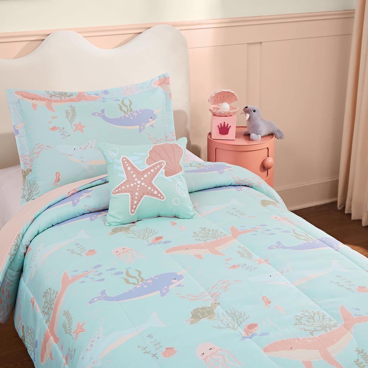 Wink Deer Twin Comforter Set for Girls-3 Pieces Ocean Animals Glow in the Dark Twin Bedding Sets for Kids,1 Comforter,1 Sham and 1 Decor Pillow