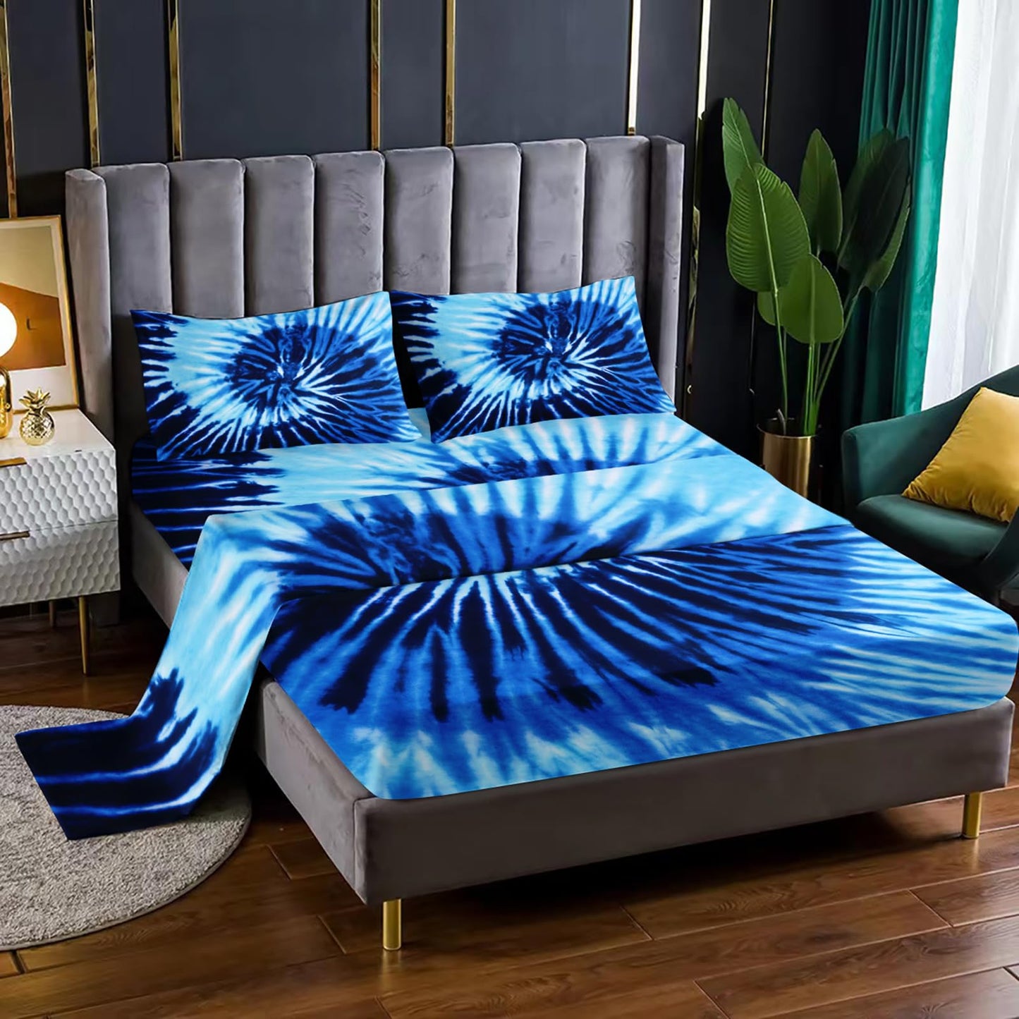 Nttopship Blue Tie-dye 4 Pieces Bed Sheet Sets Full Size Abstract Modern Art Bedding Sets with 16" Deep Pockets Graffiti Bedroom Decor,Bedding Set 4 PCS(1 Fitted+1 Flat+2 Pillowcases)