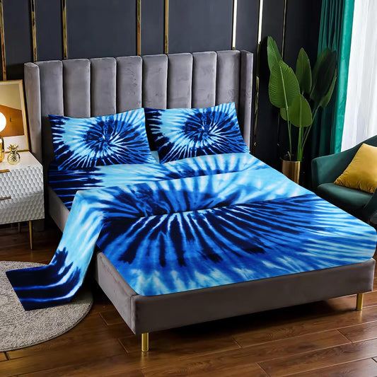 Nttopship Blue Tie-dye 4 Pieces Bed Sheet Sets Full Size Abstract Modern Art Bedding Sets with 16" Deep Pockets Graffiti Bedroom Decor,Bedding Set 4 PCS(1 Fitted+1 Flat+2 Pillowcases)