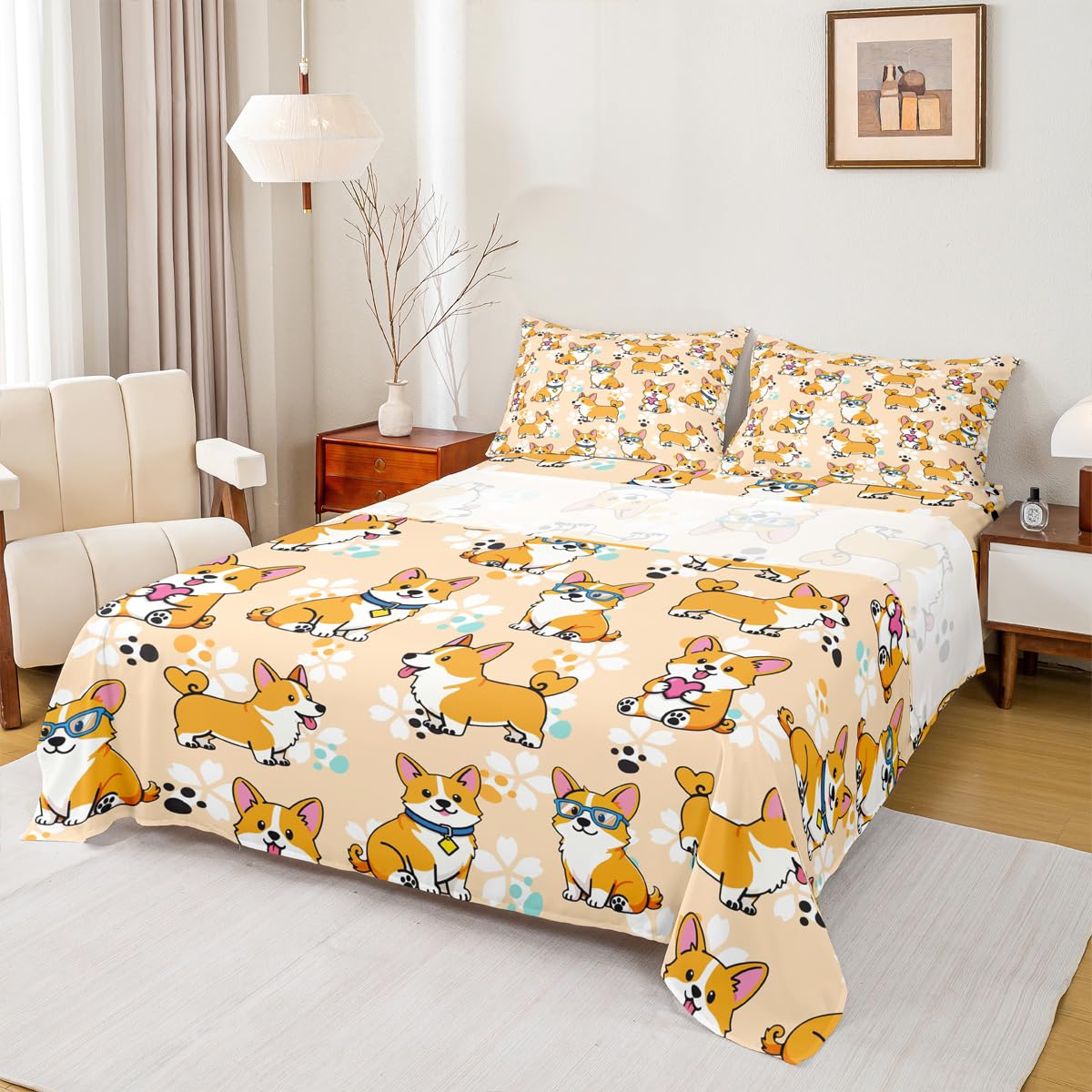 Homewish Cute Corgi Sheet Set Full,Cartoon Dog Paw Bedding Set for Kids Teens Girls Boys,Smiling Dog Kawaii Yellow Bed Sheet Set 4pcs with Deep Pocket Fitted Sheet + Flat Sheet + 2 Pillowcases