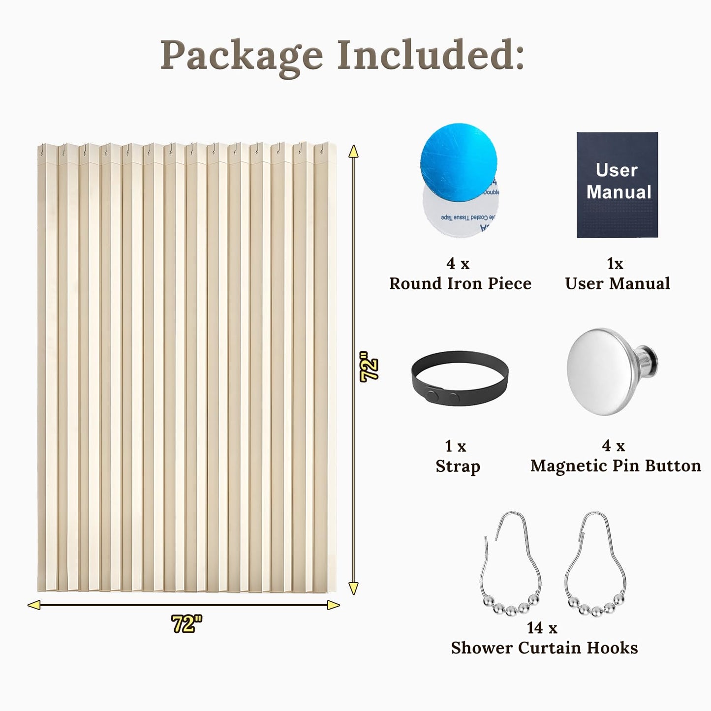 South to East Waterproof Shower Curtain for Bathroom, Folding Fabric Shower Curtain with Magnets, No Liner Required, 72x72 Inch Heavy Duty Thick Magnetic Shower Curtains, Stainless Steel Hooks, Beige