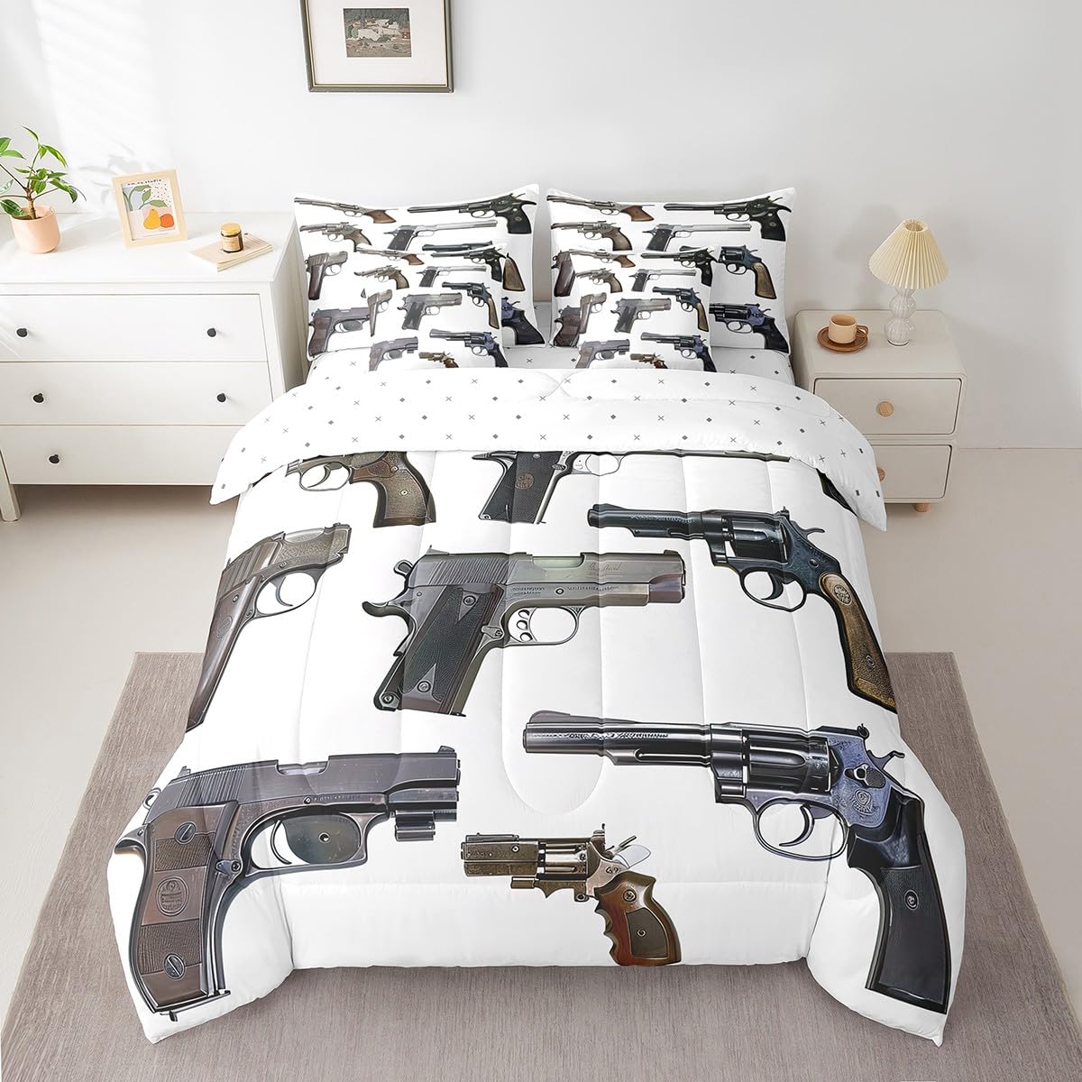 Erosebridal Guns 7 Piece Comforter Set Full Bed in a Bag,Firearms Bedding Sets Handgun Sheet Set with Comforter