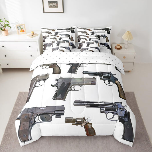 Erosebridal Guns 7 Piece Comforter Set Full Bed in a Bag,Firearms Bedding Sets Handgun Sheet Set with Comforter