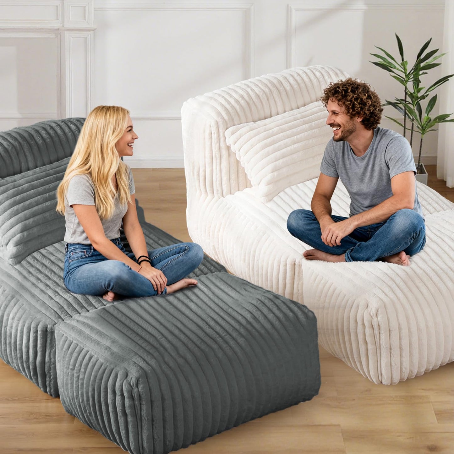 Big Bean Bag Lounger Sofa with Pillow, Large Bean Bag Chairs for Adults, Oversized Beanbag Sofa, Comfy Bean Bag Couch with Memory Foam Filled for Living Room, Bedroom, Gray