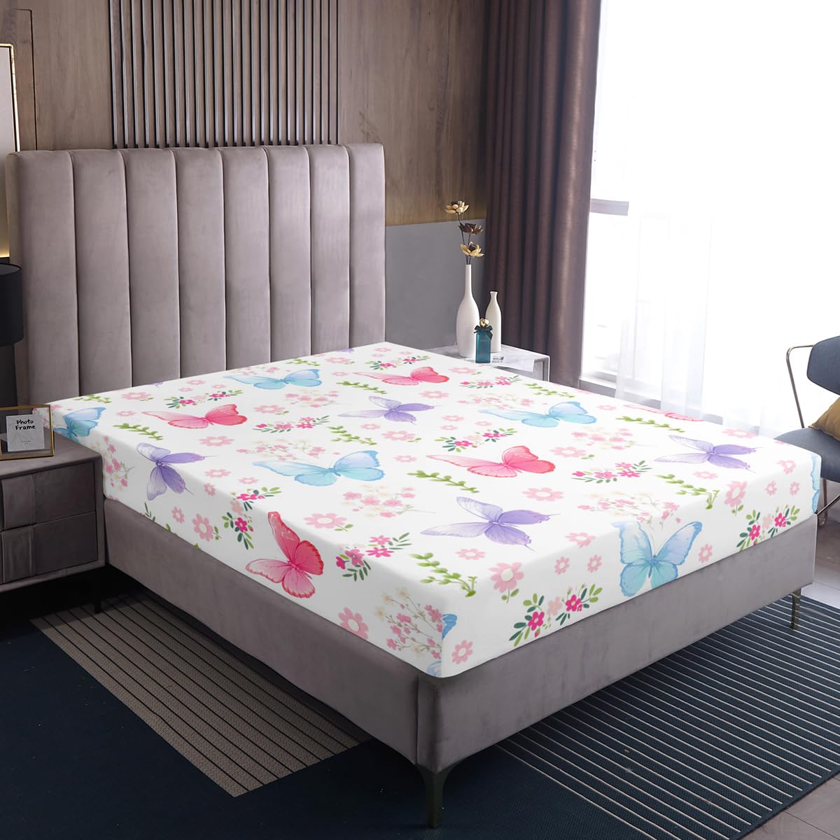 Feelyou Pink Butterfly Fitted Sheet with 1 Pillowcase Twin Size Garden Bed Sheets Set 16" Deep Pocket Boys Girls Purple Blue Butterflies Print Bedding Kawaii Pink Floral Teens Bedroom Decor