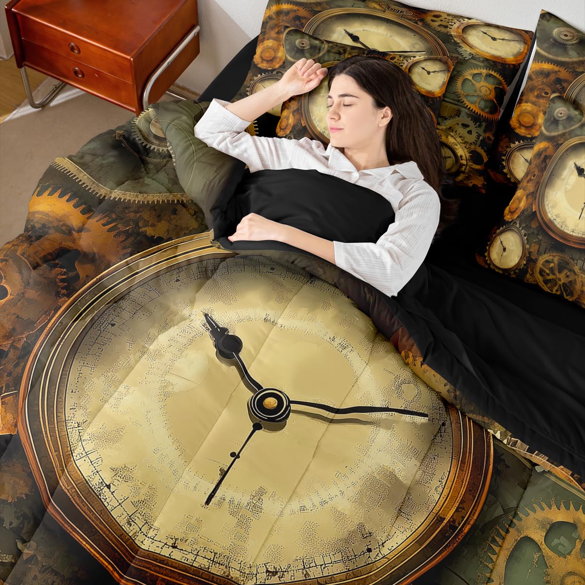 Erosebridal Ndustrial Gear 7 Pcs Bedding Set Queen Steampunk Style Comforter Set with Sheets Clocks Theme Bed in A Bag Mechanical Device Retro Brown Bedroom Decor
