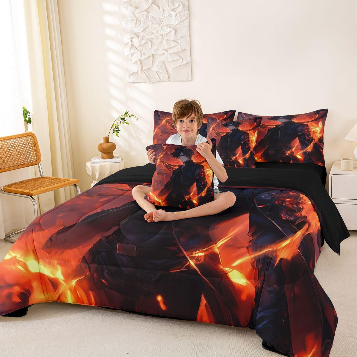 Erosebridal Anime Boy Full Comforter Set 7 Piece,Japanese Anime Bedding Set with Sheets for Boys Teen Kids,Gaming Gamer Bed Set with Fitted Sheet,Flat Sheet,Pillowcases,Throw Pillow Covers