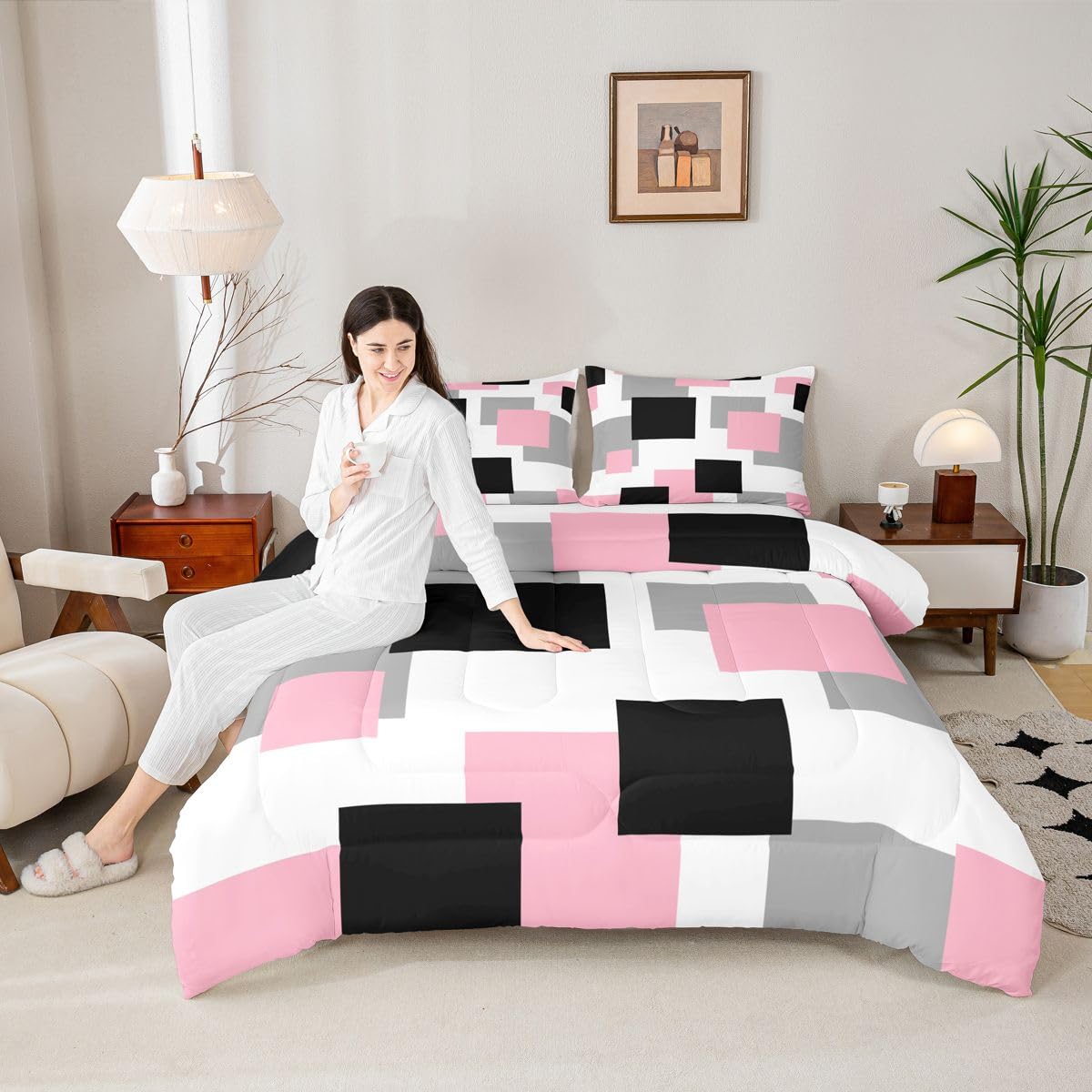Castle Fairy Pink Black White Bed Comforter Set Queen Size,Geometric Grid Square Splicing Super Soft Microfiber Bedding Set for Kids Room Decor,Modern Abstract Comforter Set,2 Pillowcases