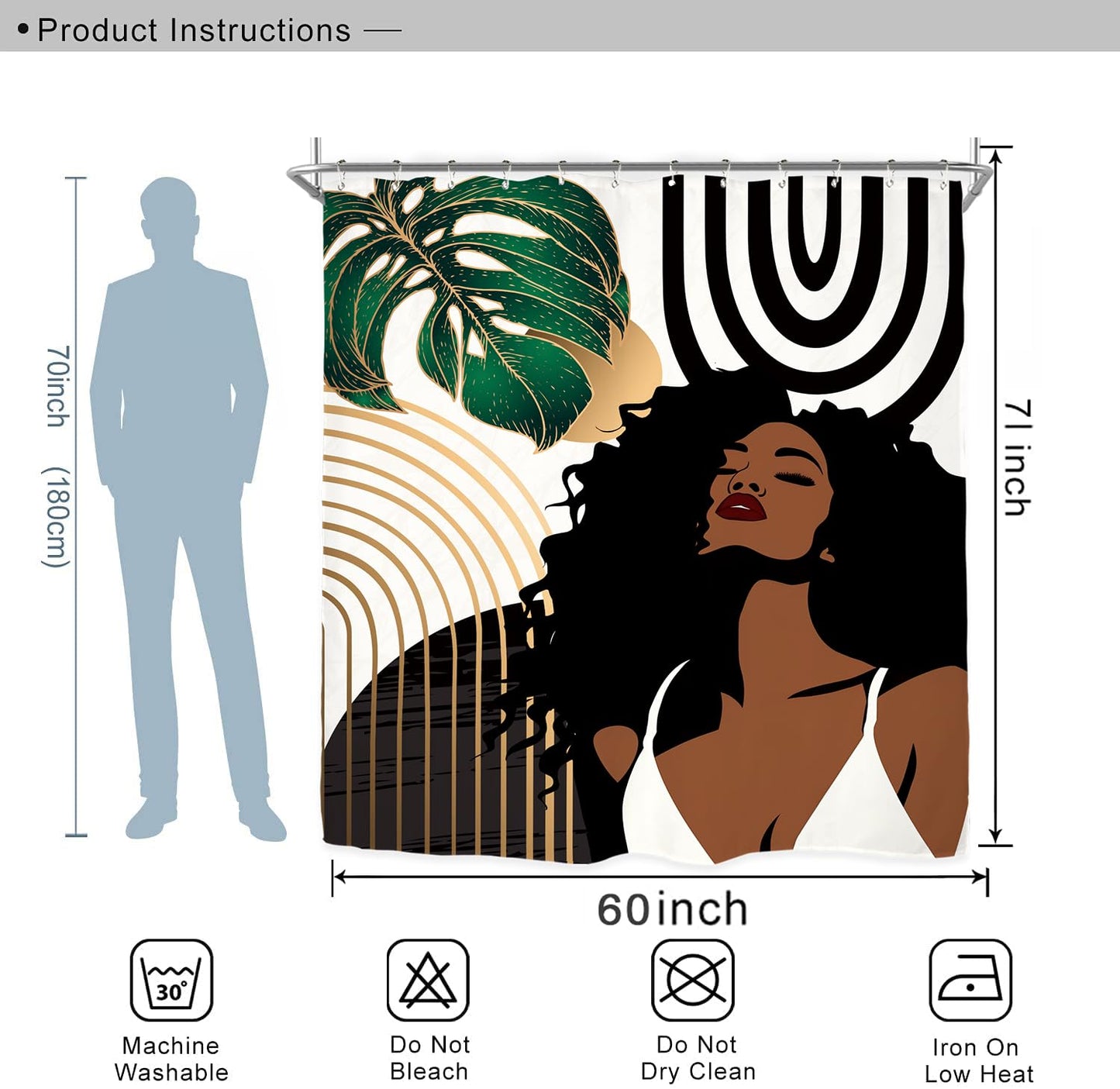 Miyotaa Abstract Emerald Green Shower Curtain Set 60Wx71H Inches African American Black Woman Girl Sexy Minimalist Aesthetic Modern Waterproof Bathroom Curtain with 12 Hooks