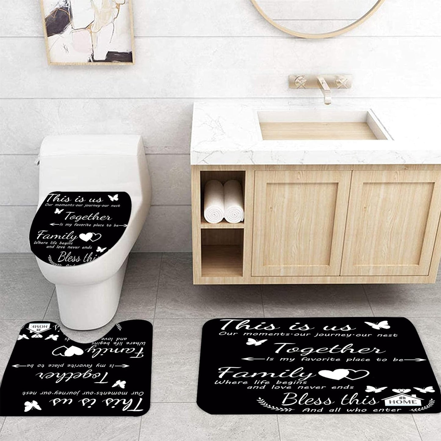 NEWSUYAA Black Bathroom Shower Curtain Set with Family Quotes,4 Pcs Home Inspirational Bath Decor with Non-Slip Bath Mat, Toilet Lid Cover & U-Shape Rug, Modern Farmhouse 72x72 Inch with Hooks