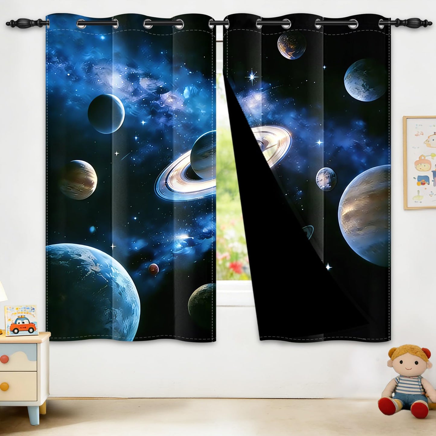 GICDSU Kids Blackout Curtains for Bedroom, Thermal Insulated Room Darkening Drapes for Boys & Girls Room, 63 Inch Length 2 Panels Set, Outer Space Galaxy Planet Saturn Print, 42W x 63L