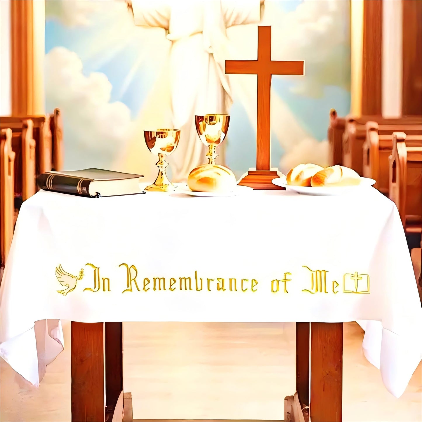 Large In Remembrance of Me Gold Thread Embroidery Altar Frontal Holy Communion Table Cloth Cover 96x52Inch White Rectangle Communion Table Cloth for Church for Gatherings Baptism Ceremonies(Gold)