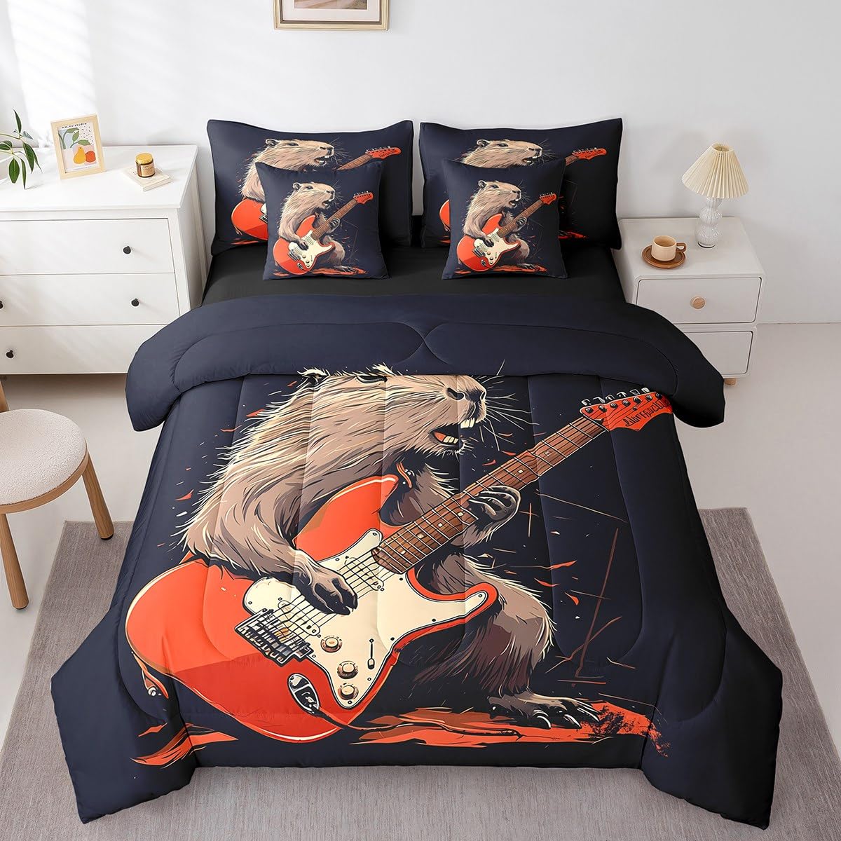 Lovely Capybara Twin Comforter Set with Sheets, Hipster Grunge Guitar 7 Piece Bedding Set Capybara Animals Lovers Bed in a Bag, Cute Beaver Rodent Animals Print Decor, Musical Instruments Decor