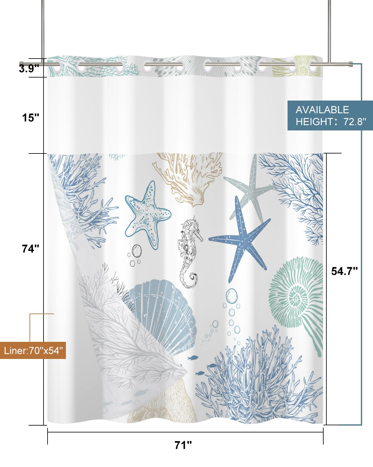 Xiazhilaio No Hook Shower Curtain with Snap in Liner Set - Sea Seashells, Starfish & Coral Print Shower Curtains for Coastal Nautical Ocean Bathroom, Waterproof Bath Curtain with Mesh Top, 71x74 Inch