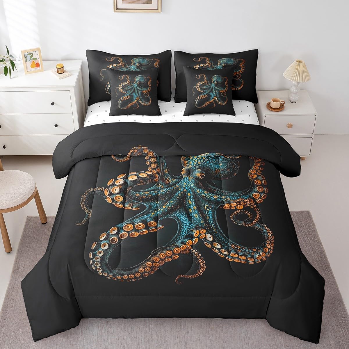 Feelyou Blue Black Octopus 7 Pieces Bedding Set Tentacles Twin Comforter Set with Sheets for Boys Girls Kids Room Decor Ocean Kraken Bed in a Bag Sealife Sea Animal Bed Set Bedroom