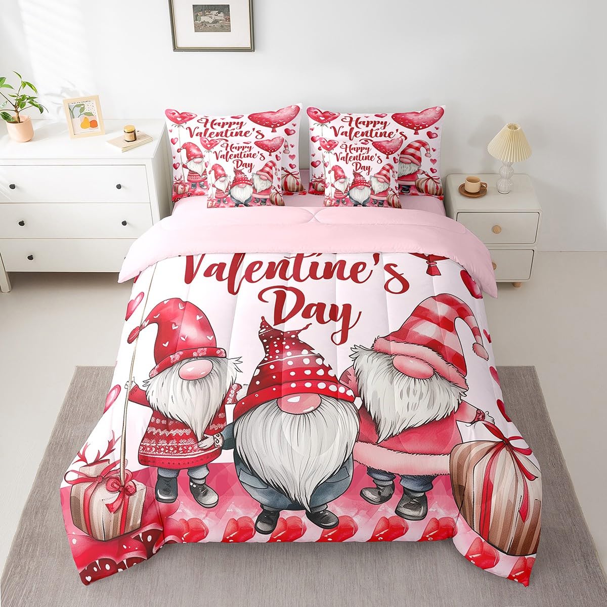 Erosebridal Valentine Day Gnomes Queen 7 Piece Comforter Set - Cute Gnome Bedding Set with Fitted + Flat Sheet, Pink Romantic Love Bed in a Bag for Kids Girls Women Valentines Bedroom Decor
